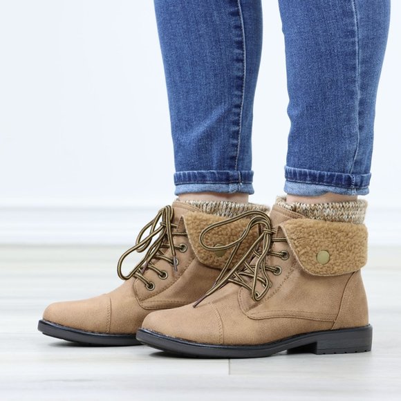 Sherpa Ankle Lined Combat Flat Heel Ankles Boots Tan Faux Leather - Picture 12 of 12